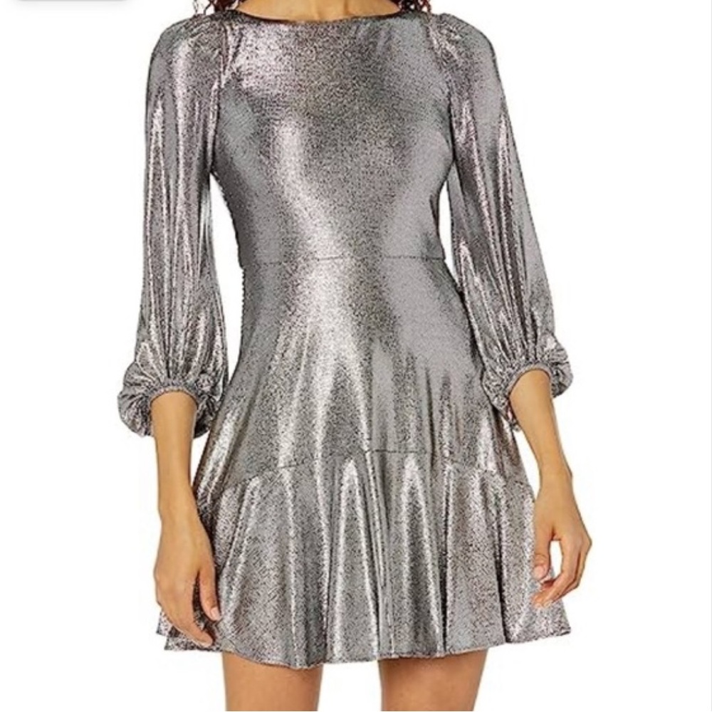 Eliza J Metallic Silver Liquid Shine Jersey Balloon Sleeve Cocktail Dress NWT 10
